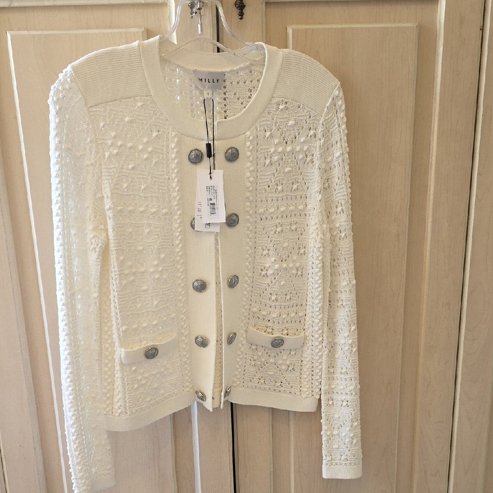 Milly Ivory Openwork Knit Cardigan with Decorative Buttons